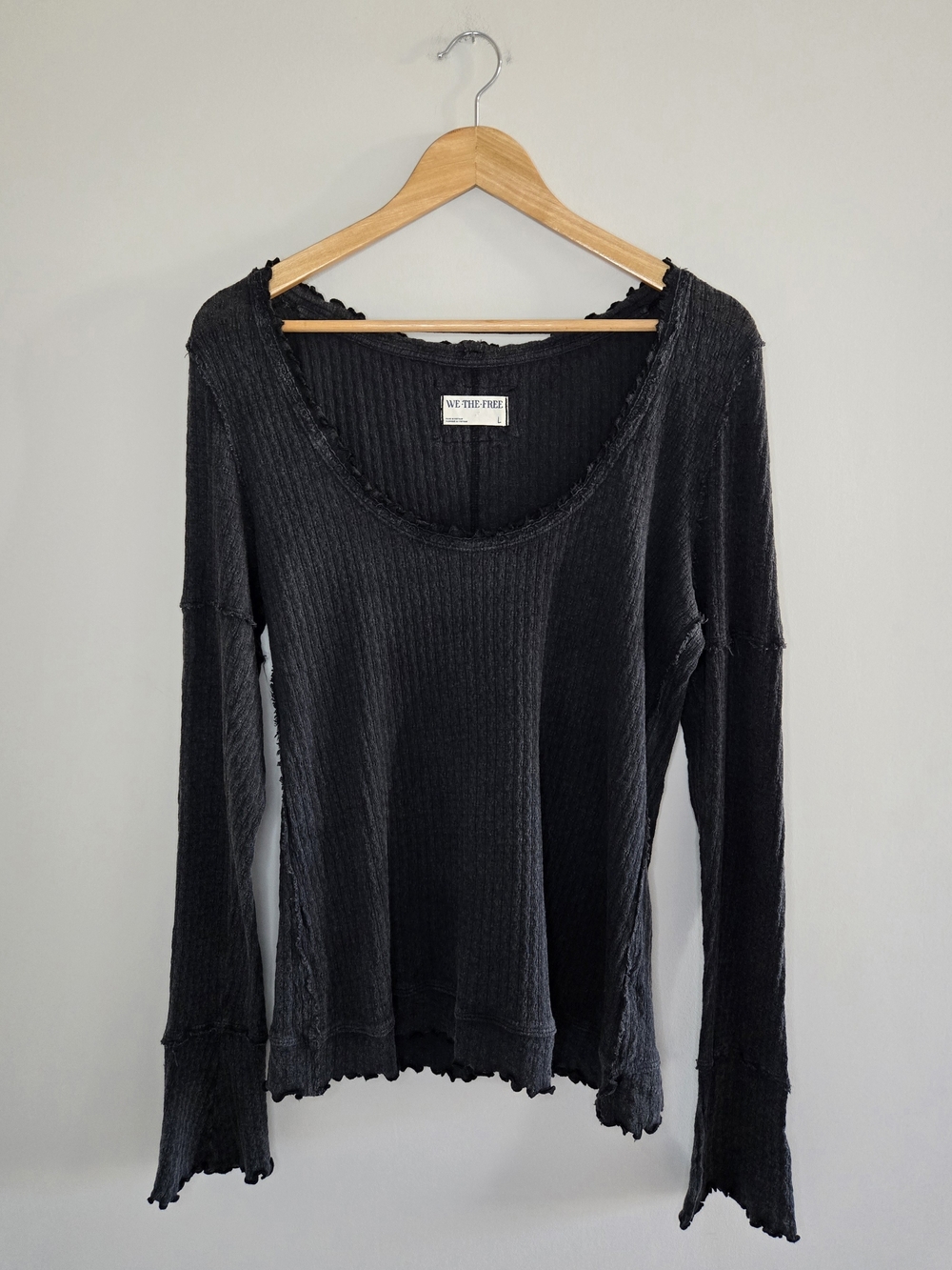 We the Free charcoal grey waffle textured cotton long sleeve raw edge hem, large